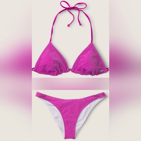 L/L VS PINK Swim Shimmer Triangle Bikini Top Brazilian CoverUp Skirt Bikini Set - Picture 2 of 6